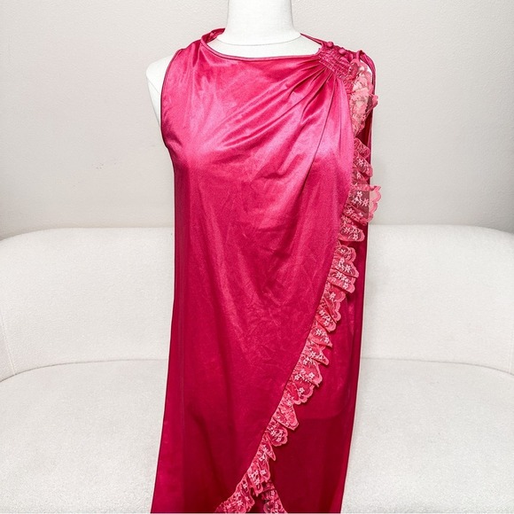 Other - Vtg 80s Pink Coquette Satin Lace Maxi Lingerie Gown Ruffles Smocked